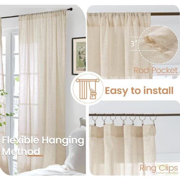 Linen Natural Semi Sheer Lightweight Burlap Rustic, 2 Panels Set, 32X 46 Inch - Picture 4 of 5